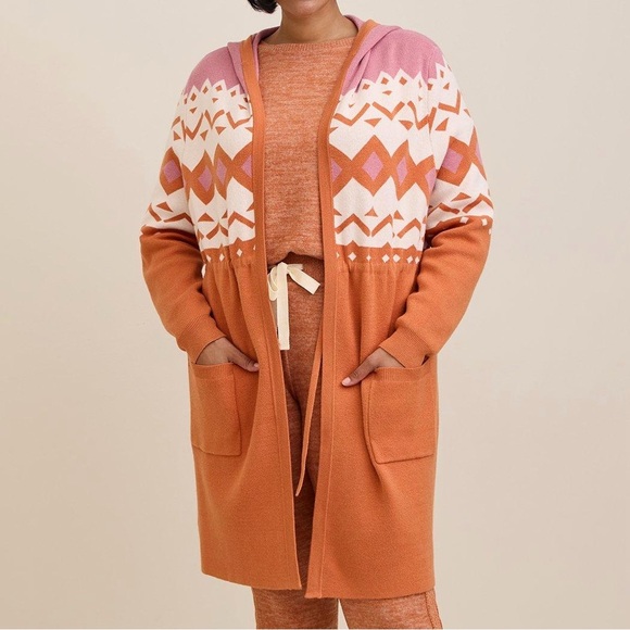 torrid Sweaters - NWT Torrid Hooded Cardigan Duster Cinched Waist Orange Pink Print Boho Cozy Sz 2